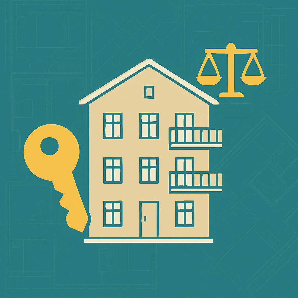 Il·lustració d’un edifici amb una balança i una clau simbolitzant la nova Llei d’Habitatge a Catalunya
