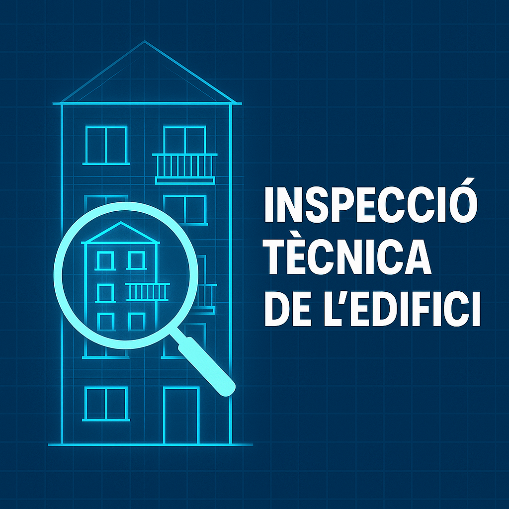 Il·lustració tècnica d’un edifici amb lupa simbolitzant la inspecció tècnica de l’edifici (ITE)