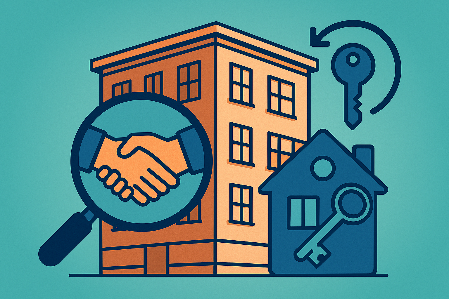 Il·lustració d’un edifici amb claus, casa i encaixada de mans simbolitzant un acord de lloguer amb opció a compra