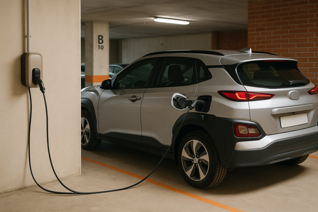 Cotxe elèctric carregant-se en un aparcament subterrani d’una comunitat de veïns