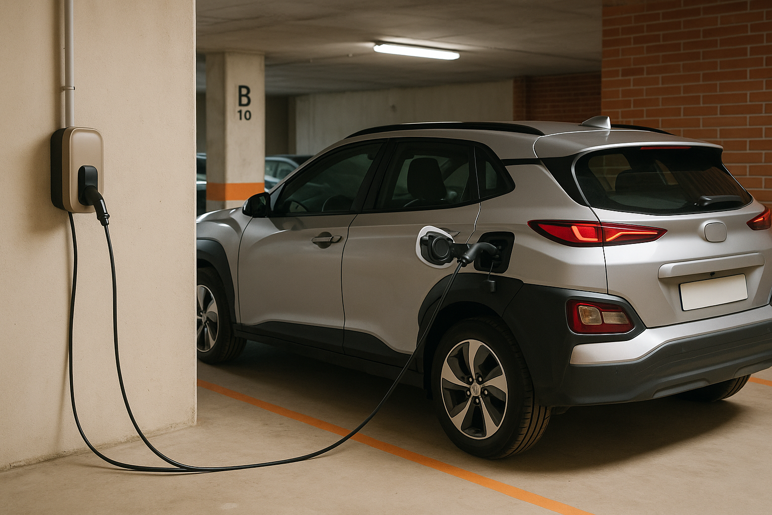 Cotxe elèctric carregant-se en un aparcament subterrani d’una comunitat de veïns