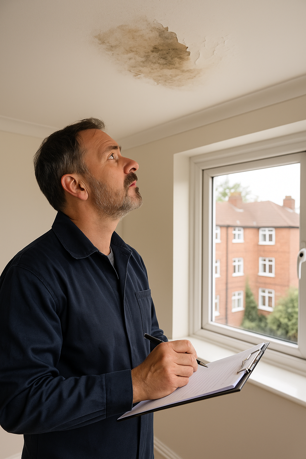 Inspector revisant desperfectes estructurals a l'interior d'un pis recent comprat