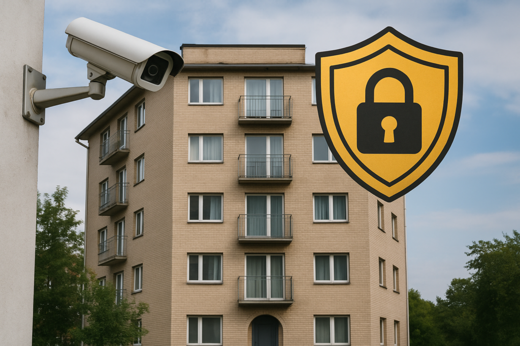 Il·lustració d’un edifici amb càmera de seguretat i escut amb cadenat representant videovigilància a comunitats de veïns