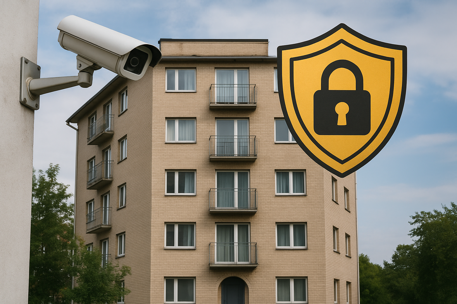 Il·lustració d’un edifici amb càmera de seguretat i escut amb cadenat representant videovigilància a comunitats de veïns