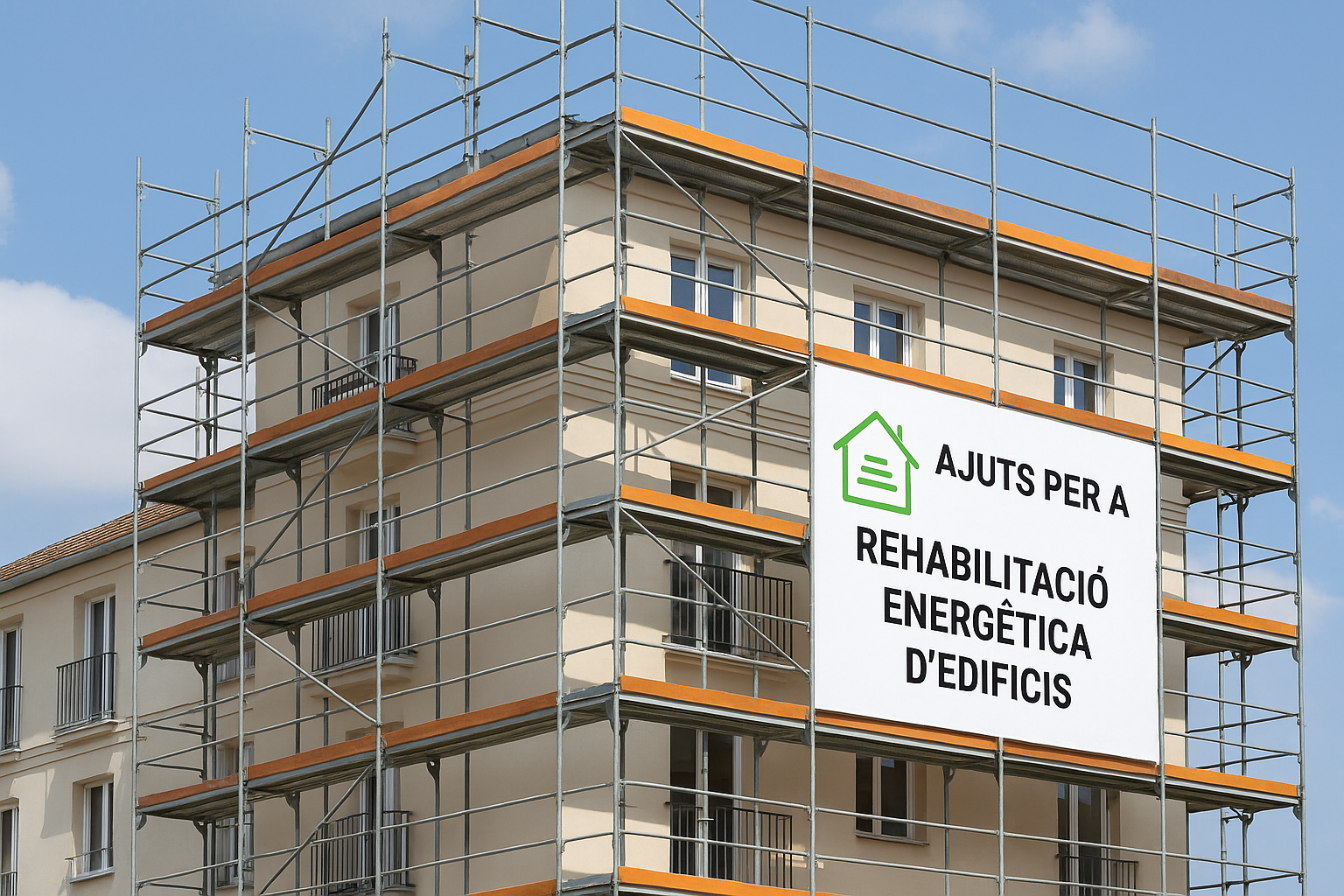 Façana d’edifici residencial en rehabilitació energètica amb bastides i cartell d’ajuts públics