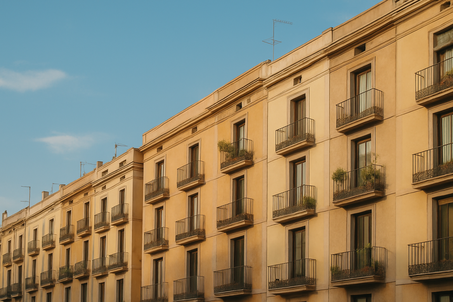 Faanes dedificis residencials tpics de Barcelona en un carrer assolellat