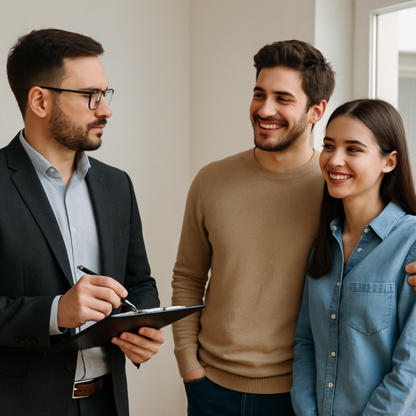 Gestor immobiliari valorant una parella candidata a llogaters durant una visita prèvia.