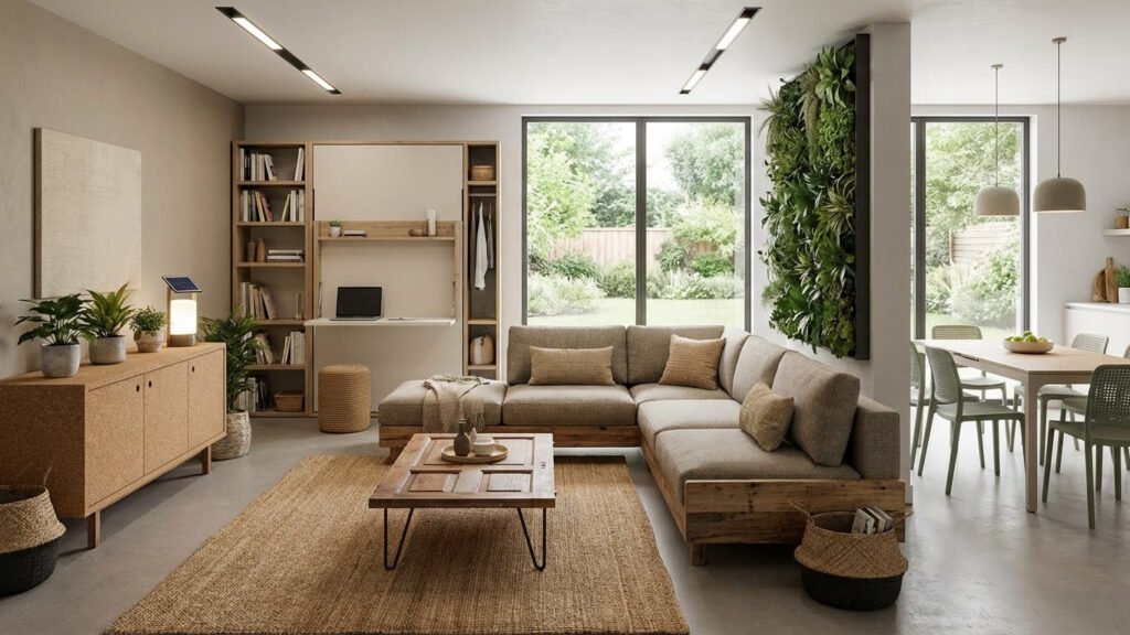 Sala d’estar moderna amb mobles sostenibles i espais multifuncionals.