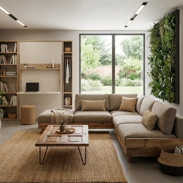 Sala d’estar moderna amb mobles sostenibles i espais multifuncionals.