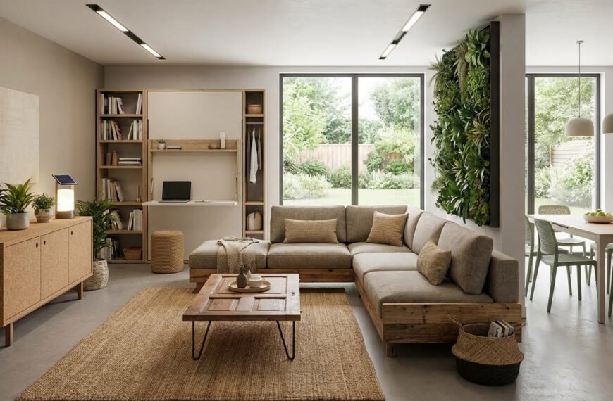 Sala d’estar moderna amb mobles sostenibles i espais multifuncionals.