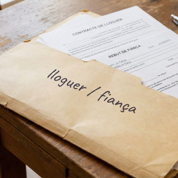 Document de devolució de fiança de lloguer amb claus i contracte sobre la taula.