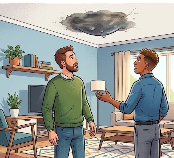 Propietari i inquilí revisant una humitat a l'habitatge.